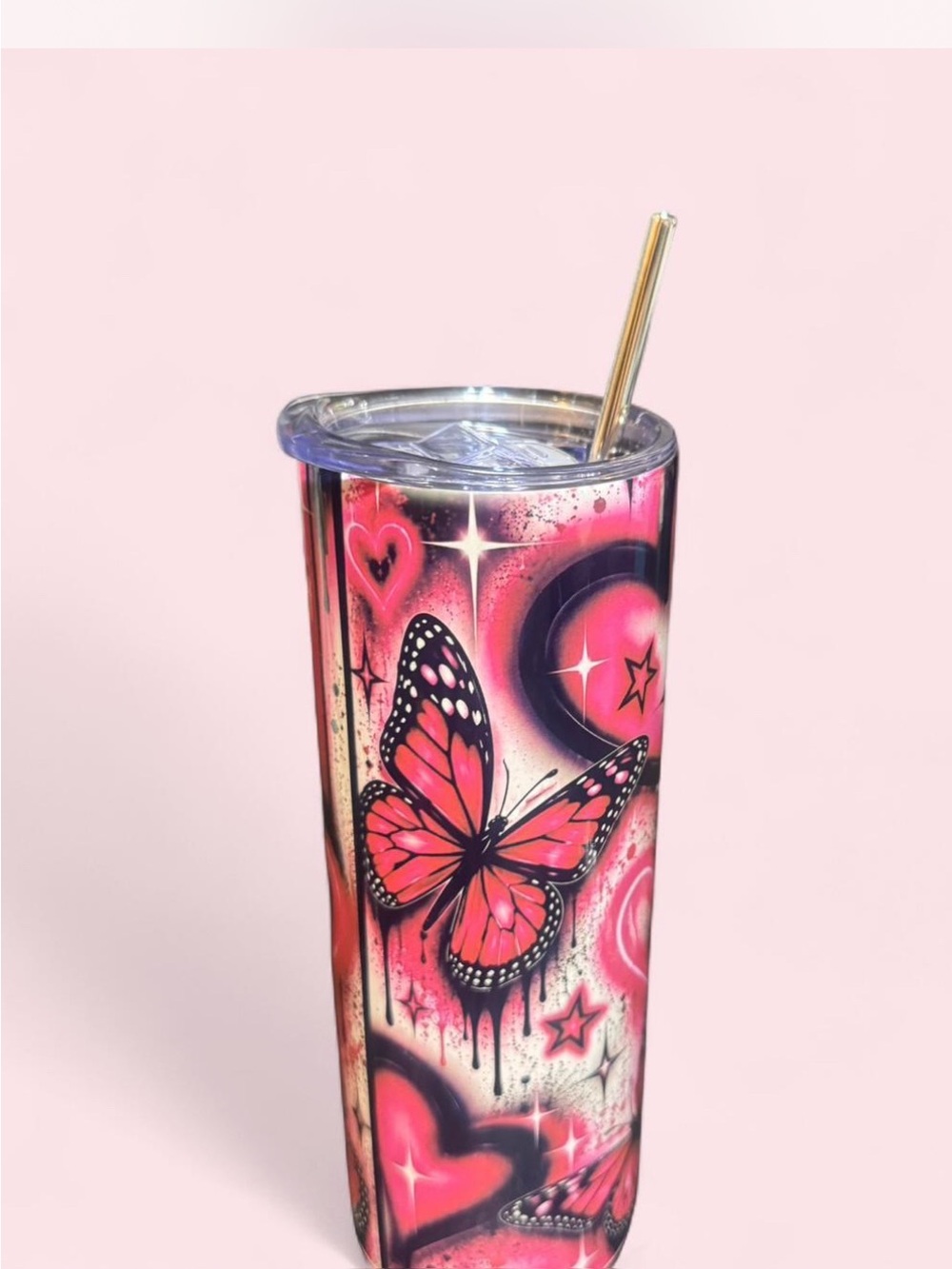 Custom Pink & Black Butterfly Tumbler With Lid & Straw
